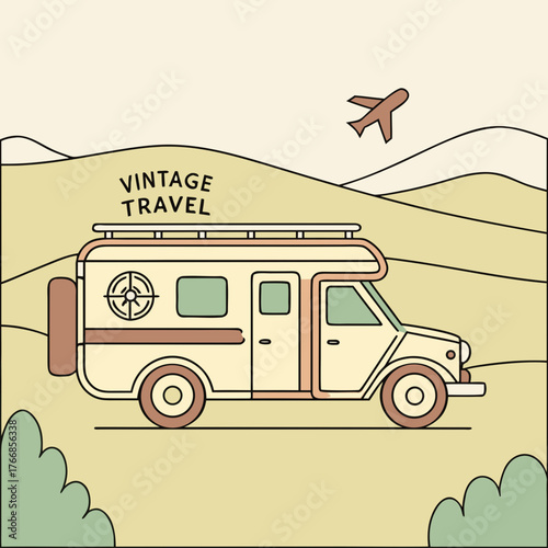 Vintage travel van with airplane in background, adventure and exploration