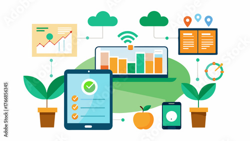 A farm management platform integrates data from various sensors and provides realtime recommendations on crop management practices improving overall farm efficiency.. Vector illustration