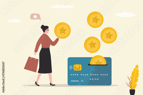 Reward program, motivation for shopping. Happy woman consumer with shopping bags earning cash back. Bonus card with golden coins, cashback, loyalty program.