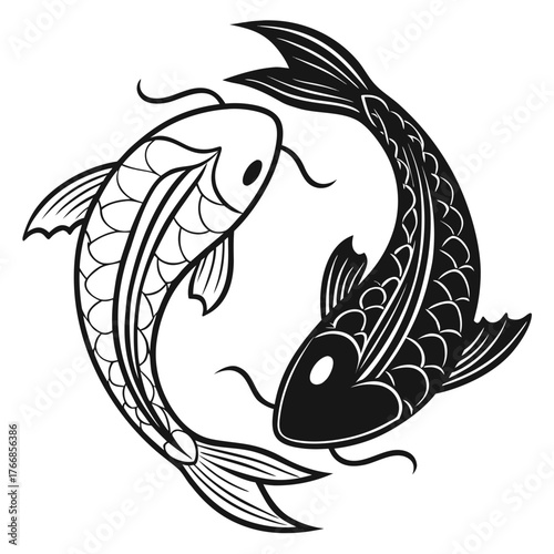 Yin and yang koi fish in a circular emblem design