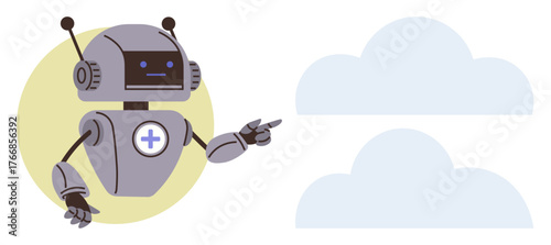 Robot with medical cross symbol pointing at two cloud shapes, implying AI, tech services, or cloud computing. Ideal for healthcare tech, AI, robotics, innovation, teamwork cloud storage future