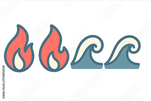 Burning flames and powerful ocean waves symbolizing opposing natural elements