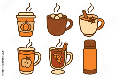 Cozy autumn and winter hot drinks set with coffee, chocolate, and spiced cider