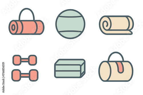 Outline set of fitness equipment: yoga mat, exercise ball, dumbbells, and gym bag