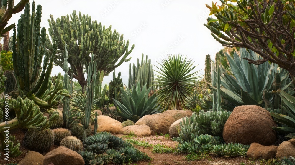 Fototapeta premium Diverse cacti in sunlit desert garden. AI image