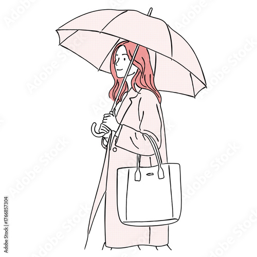 傘をさして歩く女性の線画イラスト,雨の日,通勤,外出,全身,トートバッグ,ベクター