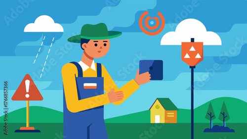 A farmer receiving an automated alert from a weather station warning of possible extreme weather conditions and allowing for proactive measures.. Vector illustration