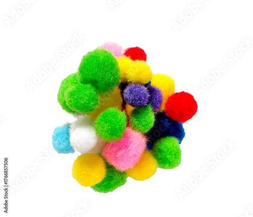 Quadro em tela Colorful fluffy pom poms clustered together, isolated on white background, creative craft concept