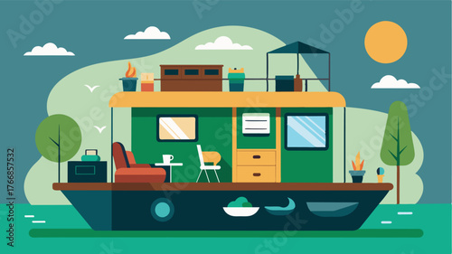 A traditional houseboat turned into a mobile office allowing a writer to work while exploring different scenic waterways.. Vector illustration