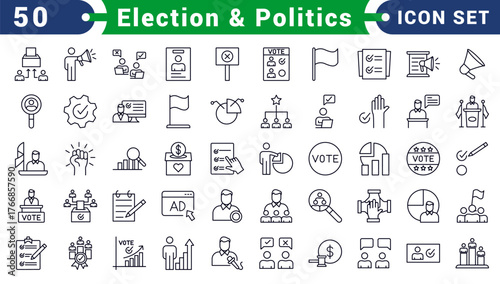Election & Politics Bold vector web line icons depicting politics, elections, governance, campaigns, and civic engagement for democratic processes and leadership.
