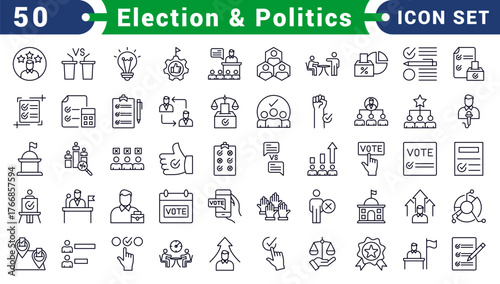 Election & Politics Bold vector web line icons depicting politics, elections, governance, campaigns, and civic engagement for democratic processes and leadership.