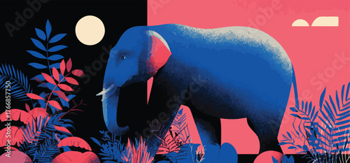 Vector art of elephant in the jungle at night with moon and plants illustration