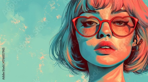 Stylized illustration of a woman with light hair, wearing red sunglasses.