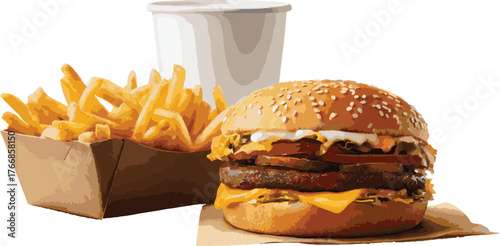 Vector art of delicious burger with french fries and drink