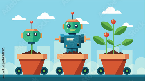 A fleet of robotic planters work in perfect synchronization planting seeds with speed and accuracy.. Vector illustration