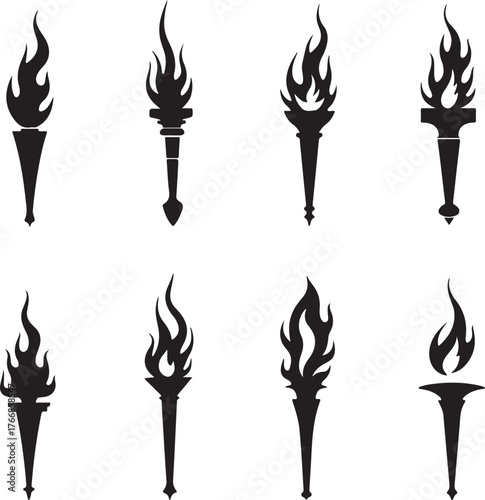 Eight black silhouette torches with flames fire symbol
