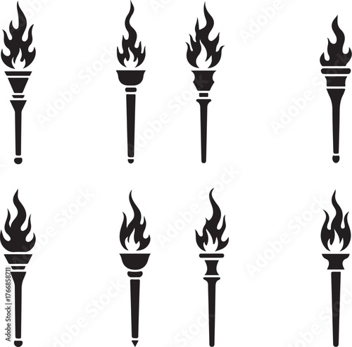 Eight Black Silhouette Torches With Flames fire