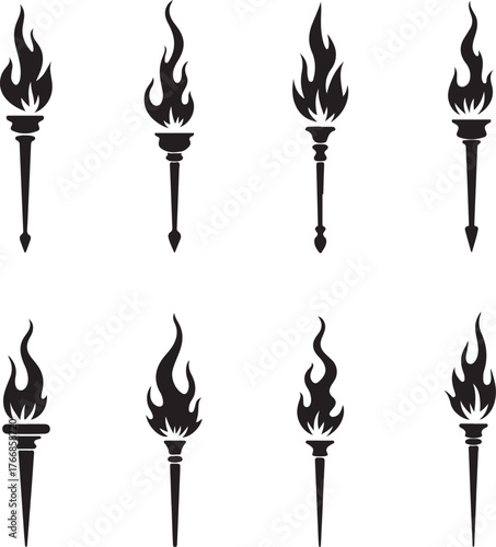Eight black silhouette torches with flames on white background