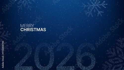 Merry Christmas text and 2026 number with snowflake and sparkle elements on a dark blue background for greeting card.