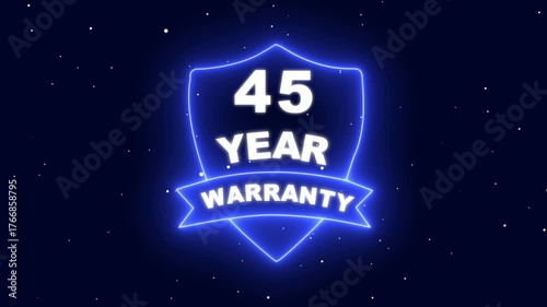 45 year warranty with shield icon animation on technology background. Business product quality concept. 45 years warranty label badge design animation. Support service icon. 4k video animation.