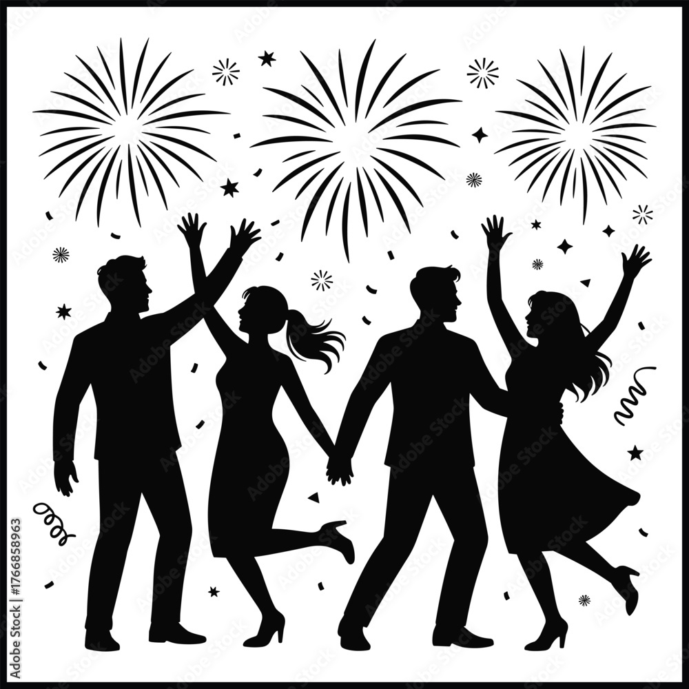 Fototapeta premium Flat Black Vector Silhouette of Couple and Friends Dancing at New Year Party
