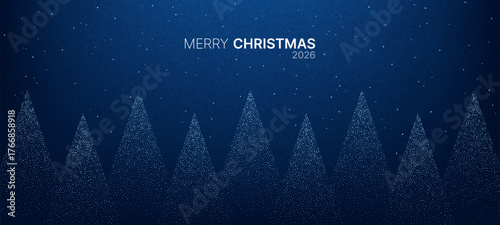 Blue christmas vector with trees made of snow particles and stars. Holiday greeting card design for Winter season with text Merry Christmas 2026.