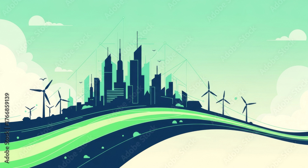 Obraz premium Urban buildings and wind power stations
