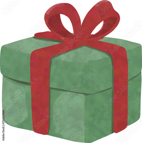 Green Christmas Gift Box with Red Ribbon, Watercolor Holiday Clipart
