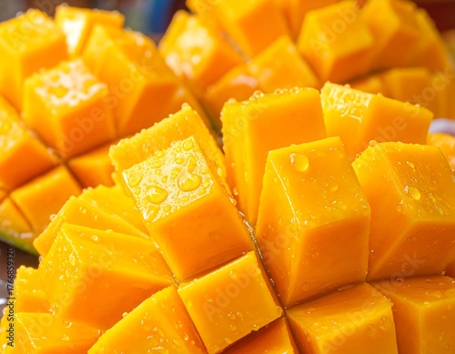 Close-up of a freshly cut mango, diced and ready to eat, with water drops