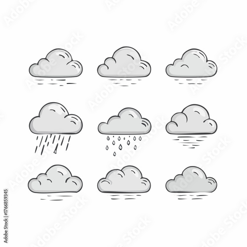 A collection of various sketched gray clouds in a doodle style. Weather forecast icon set with rain, wind, and overcast conditions isolated on a white background