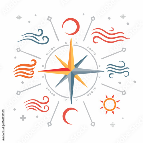 Nautical and esoteric concept with a central wind rose and icons for the four natural elements, sun, and moon in a flat design