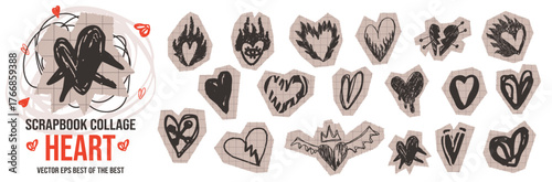 Scrapbook set with doodle heart scribble and paper cutout love collage.