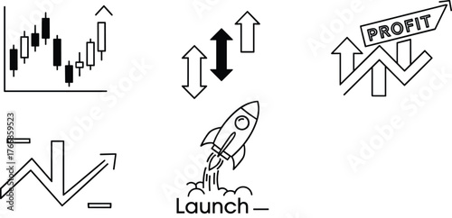 Business Growth and Finance Line Icons Set Candlestick, Profit, Launch Vector