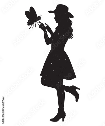 Grunge Silhouette of Elegant Woman with Butterfly and Hat.