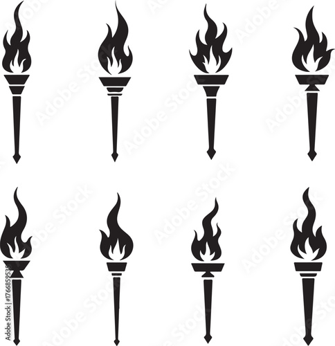 Eight black torch icons with flames on white background