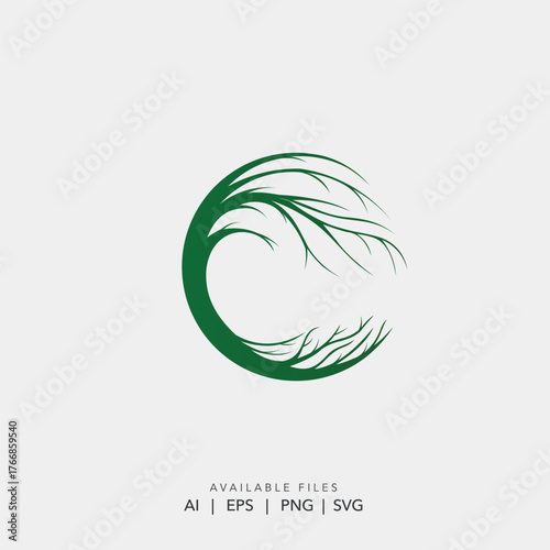 circular green tree logo design, abstract wind blown branch icon, eco-friendly business vector logotype
