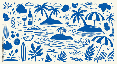 Tropical Summer Vacation Essentials – Beach, Sun, Islands, Drinks, Palm Trees, Relax and Travel

