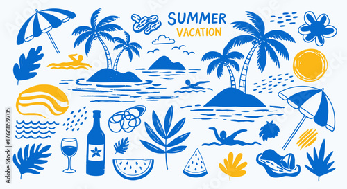 Tropical Summer Vacation Essentials – Beach, Sun, Islands, Drinks, Palm Trees, Relax and Travel

