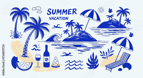 Tropical Summer Vacation Essentials – Beach, Sun, Islands, Drinks, Palm Trees, Relax and Travel

