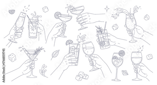 Hand-Drawn Cocktail and Drink Set – Cheers, Glasses, Ice, Citrus, Summer Vibes, Party Bar Art