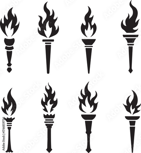 Eight black torch icons with flames on white background