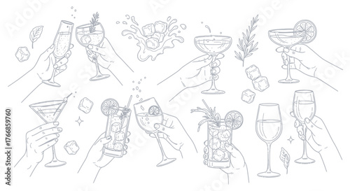 Hand-Drawn Cocktail and Drink Set – Cheers, Glasses, Ice, Citrus, Summer Vibes, Party Bar Art