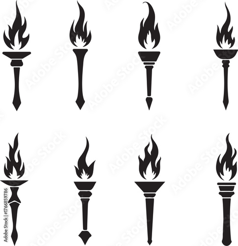 Eight Black Torch Icons With Flames On White Background