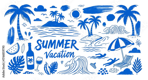 Tropical Summer Vacation Essentials – Beach, Sun, Islands, Drinks, Palm Trees, Relax and Travel

