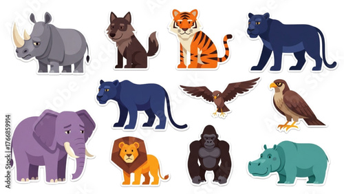 Colorful Cartoon Animal Collection — Stylized Rhino, Wolf, Tiger, Panther, Elephant, Hawk, Lion, Gorilla, and Hippo in Flat Vector Illustration on White Background