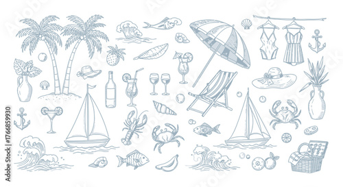 Hand drawn fashion accessories with summer sailing and beach icons