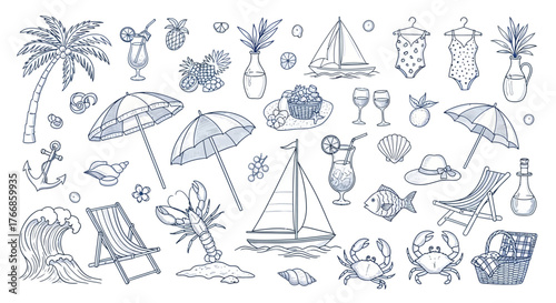 A vibrant set of hand-drawn travel icons features a vector illustration of a boat, sun, and umbrella for your perfect summer vacation on the sea and beach