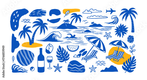 Tropical Summer Vacation Essentials – Beach, Sun, Islands, Drinks, Palm Trees, Relax and Travel

