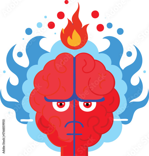 A visual metaphor for stress, with the red-hot brain indicating internal pressure and tension, contrasted with a calm, blue aura.
