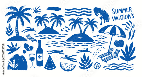 Tropical Summer Vacation Essentials – Beach, Sun, Islands, Drinks, Palm Trees, Relax and Travel

